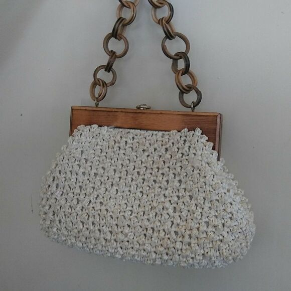 Vintage Crochet Purse with Wood Frame and Handle - Picture 1 of 2